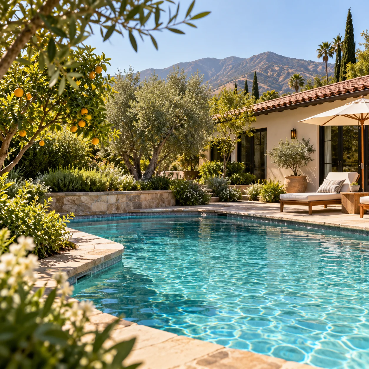 Sunlit backyard swimming pool with mature landscaping